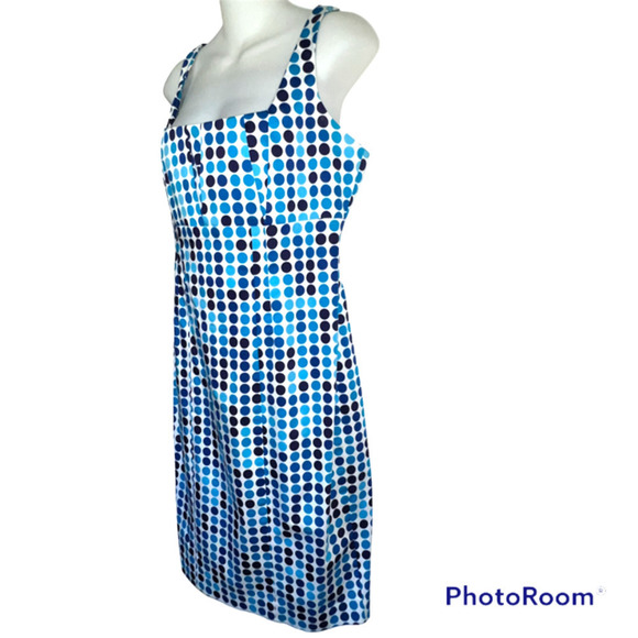 CALVIN KLEIN AQUA BLUE POLKA DOT SHEATH DRESS PLEATED TOP SIZE 10 - Picture 2 of 11